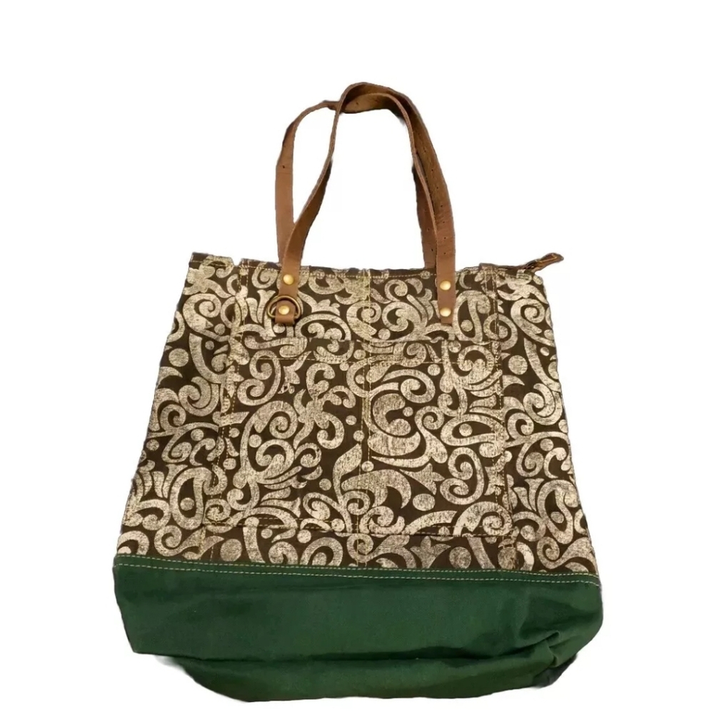 Myra Canvas Leather Zippered Tote Bag Purse Green Ivory Black - Picture 1 of 6